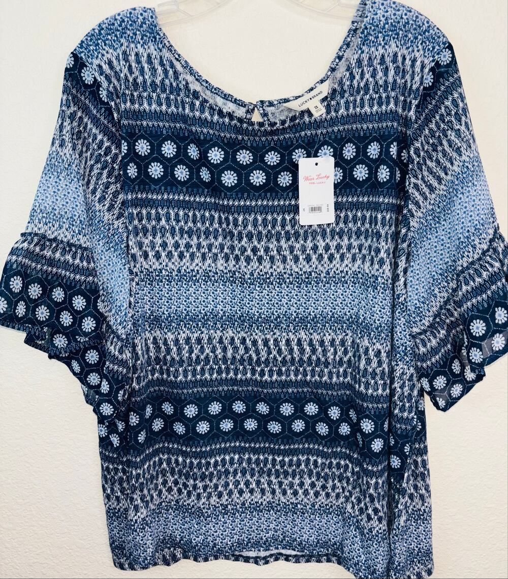 Lucky Brand Blue Boho Blouse, Paisley, Flutter Sleeves, NWT, Woman Size 2X
